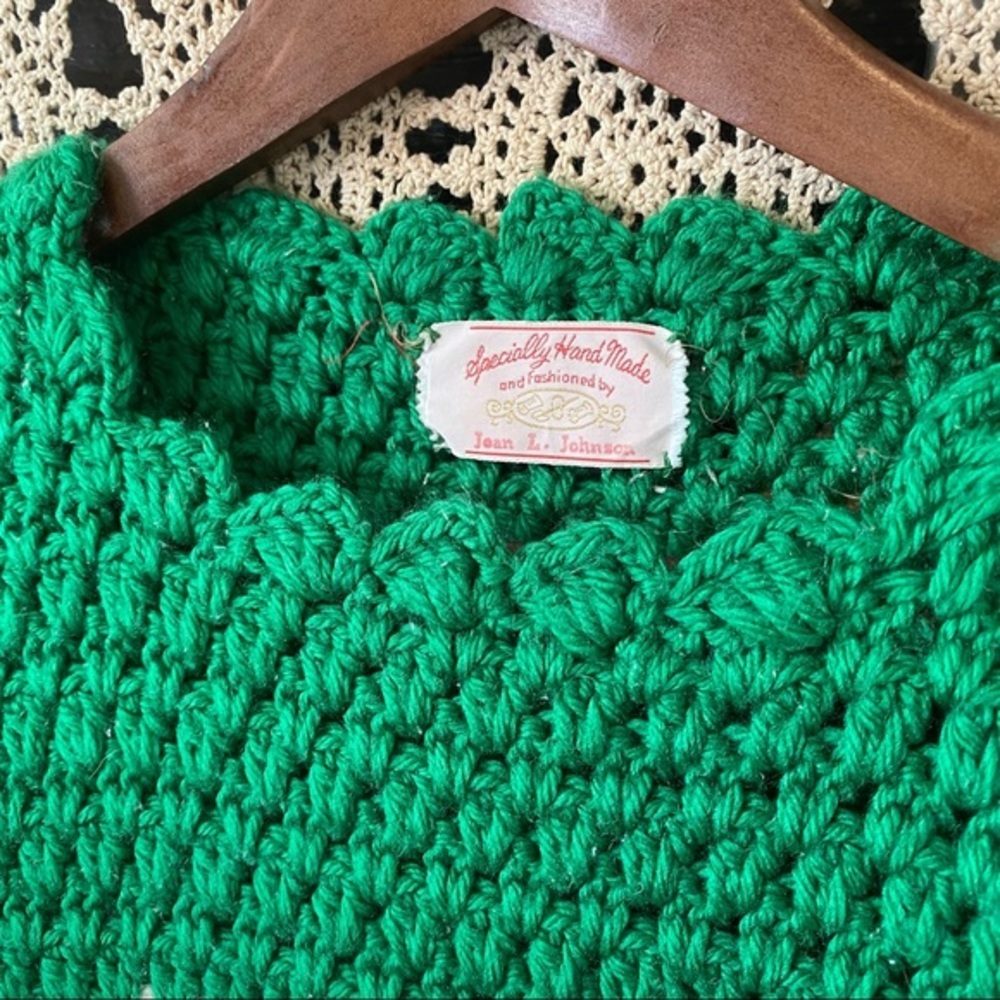 Vintage Hand Knit Crochet Kelly Green And White Jean L. Johnson Sweater S - Picture 3 of 6